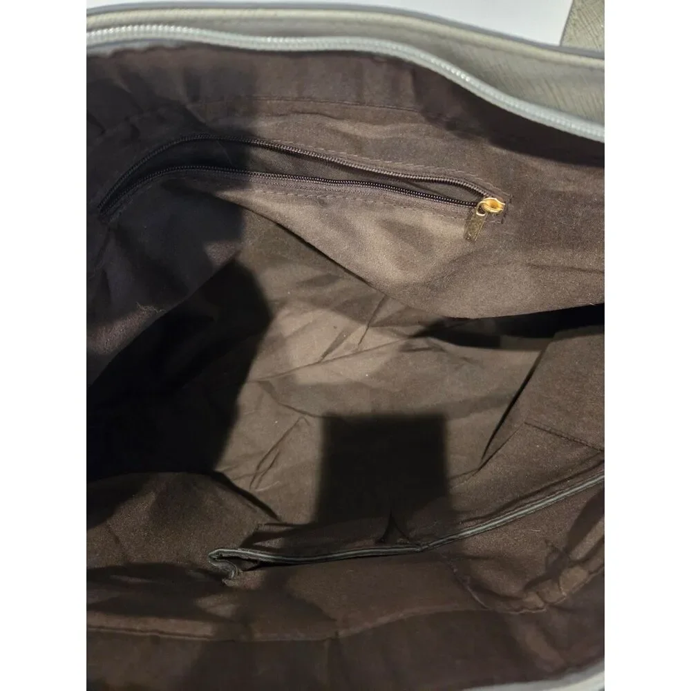 Elim & Paul Cream Gray Structured Tote Bag Saffiano Faux Leather Gold Hardware